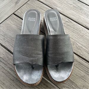 Eileen Fisher Touch Metallic Leather Wedge Sandals Womens Size 8